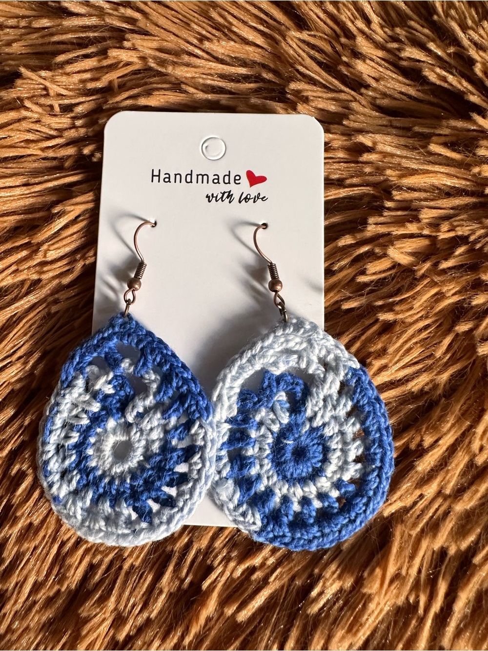 Handmade Blue & White Crochet Teardrop Earrings